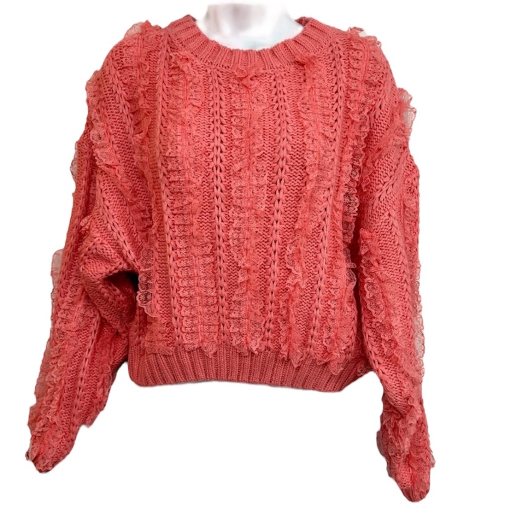 Gee Gee Bright Pink Textured Knit Sweater With Lace Crew Neck Small NWOT